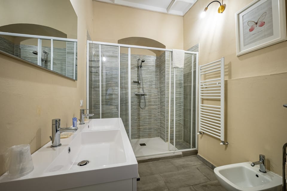 Shower, hair dryer, slippers, towels