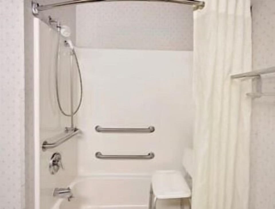 Combined shower/tub, free toiletries, hair dryer, towels