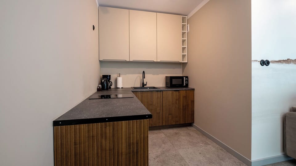 Apartment (F1) | Private kitchen | Fridge, stovetop, electric kettle, cookware/dishes/utensils