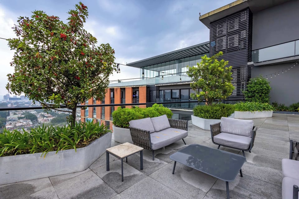 Shared rooftop terrace w/ cushioned seating & greenery, a relaxing outdoor spot above the city