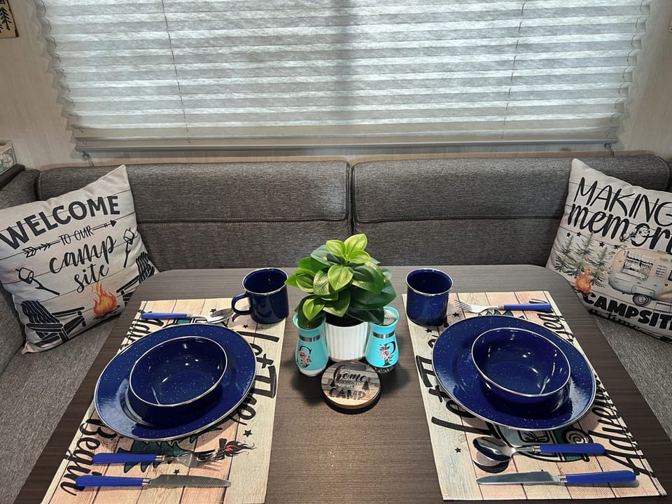 Dishes, salt, pepper and coasters.