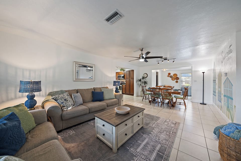 Your living room leads right into the dining and kitchen area.