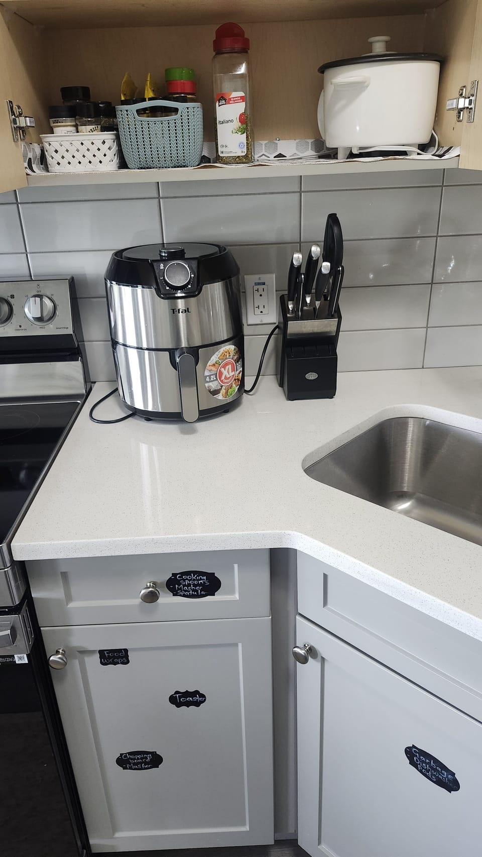 kitchen cupboards are labeled for easy find