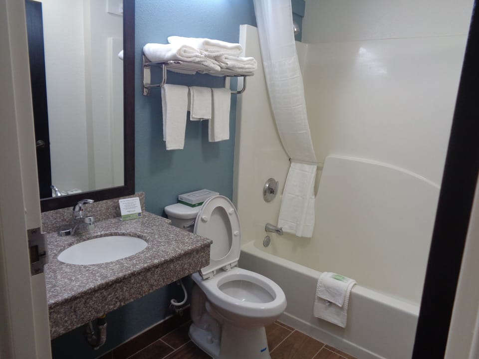 Combined shower/tub, hair dryer, towels