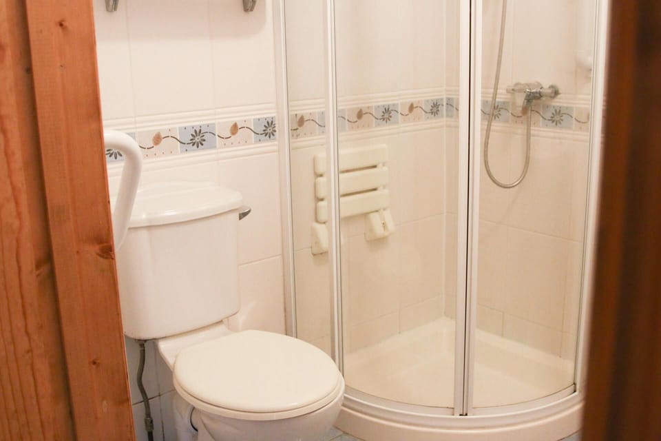 Shower room with WC and corner shower unit with fitted drop-down shower seat