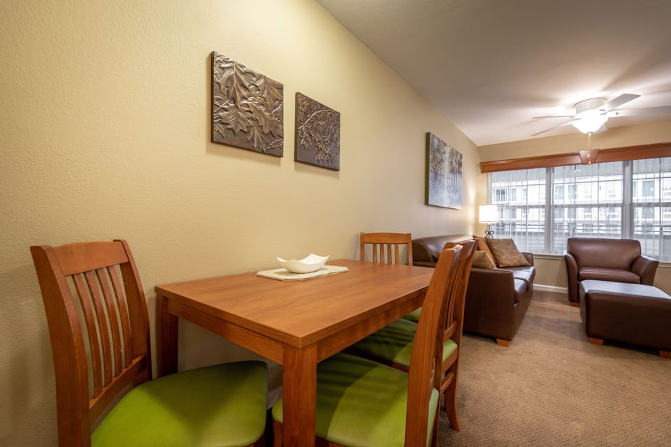 Dining table seats the group, and the living area with sofa bed is just steps away