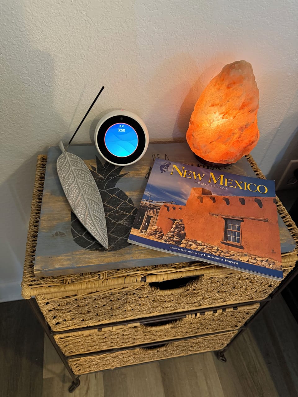 Incense, burner, salt, lamp, book on New Mexico, history and Alexa