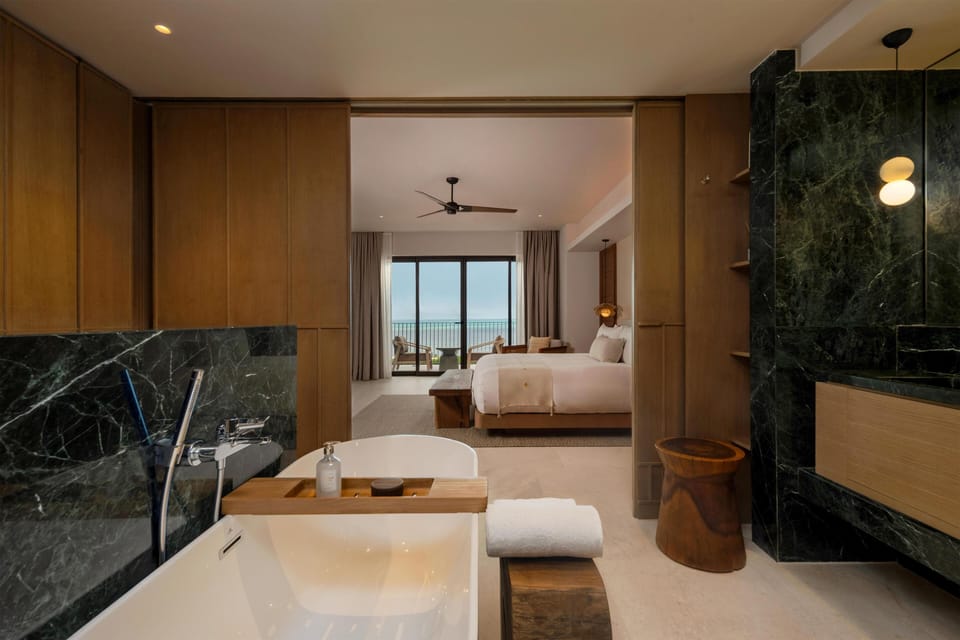 Hair dryer, bathrobes, towels, soap