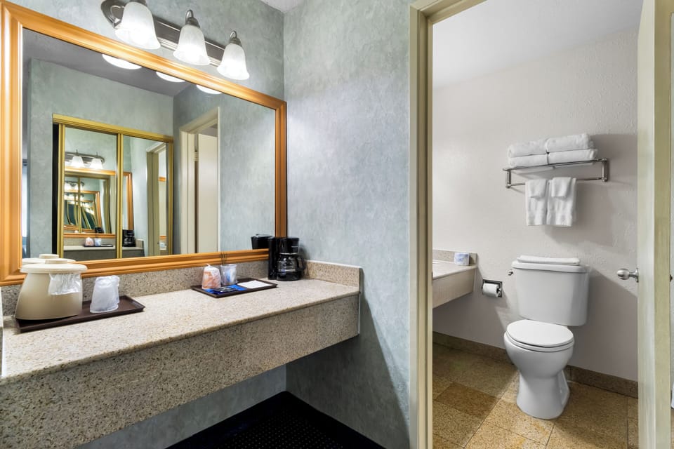 Combined shower/tub, hair dryer, towels, soap
