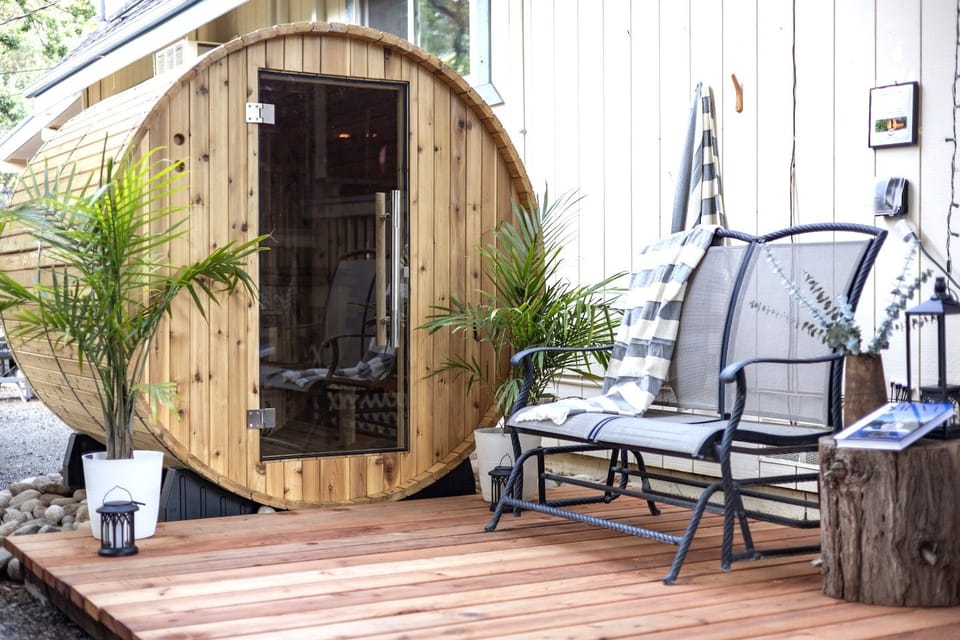 Recharge in your private four-person barrel sauna after a day hiking in Yosemite. 
