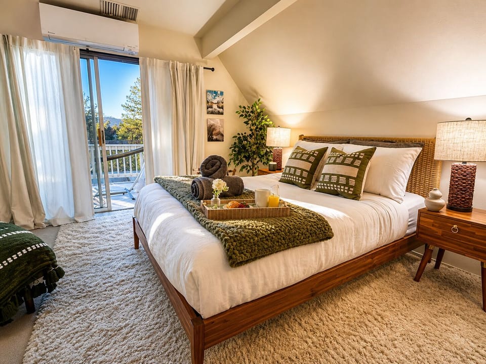 Peaceful queen retreat with private deck, cozy reading nook & stargazing hammock
