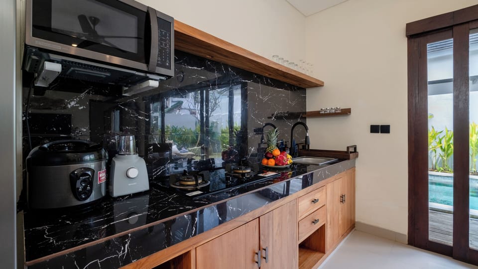 Villa, 2 Bedrooms, Pool View | Private kitchen | Fridge, microwave, stovetop, electric kettle
