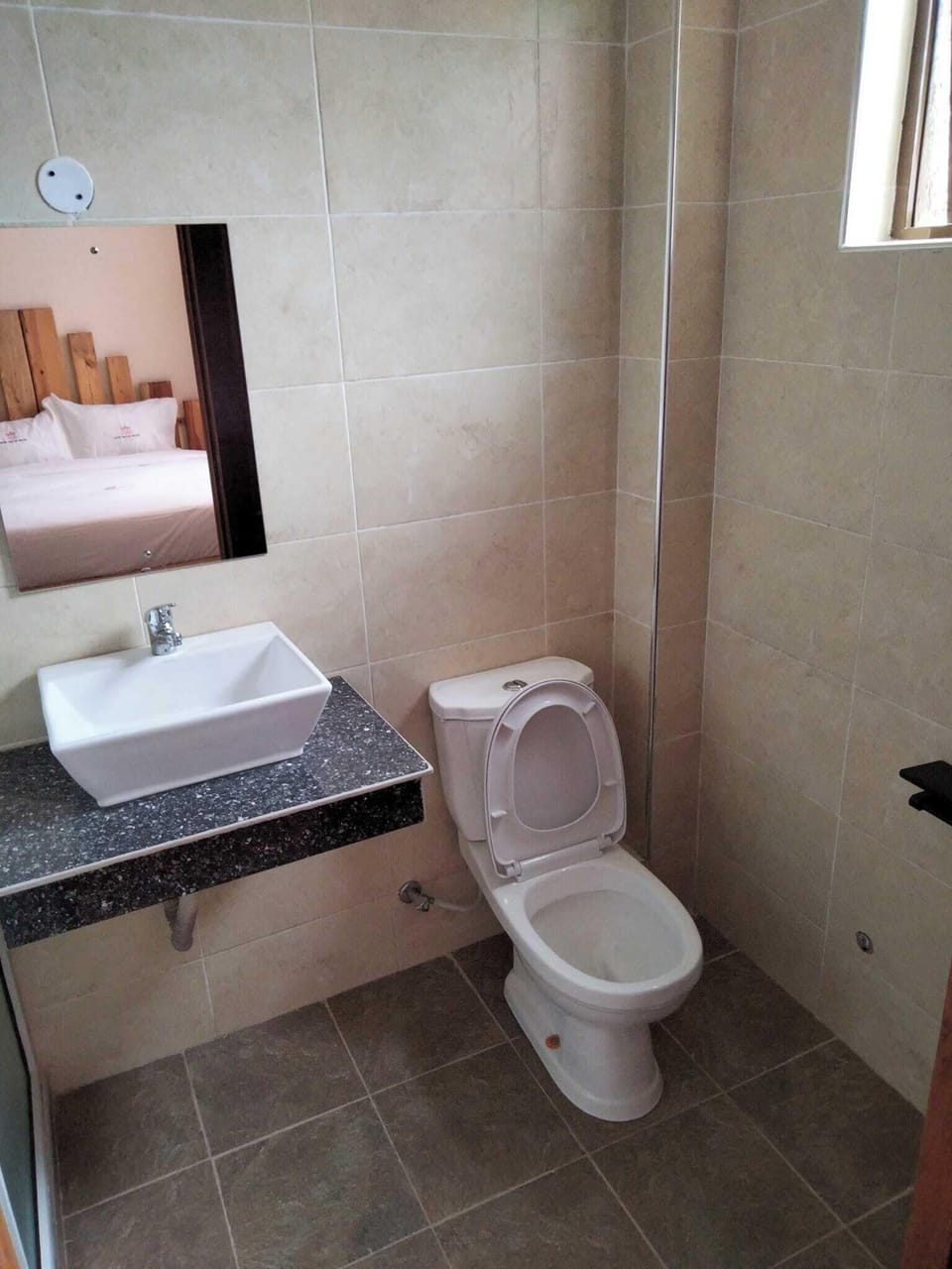 Shower, slippers, towels, soap