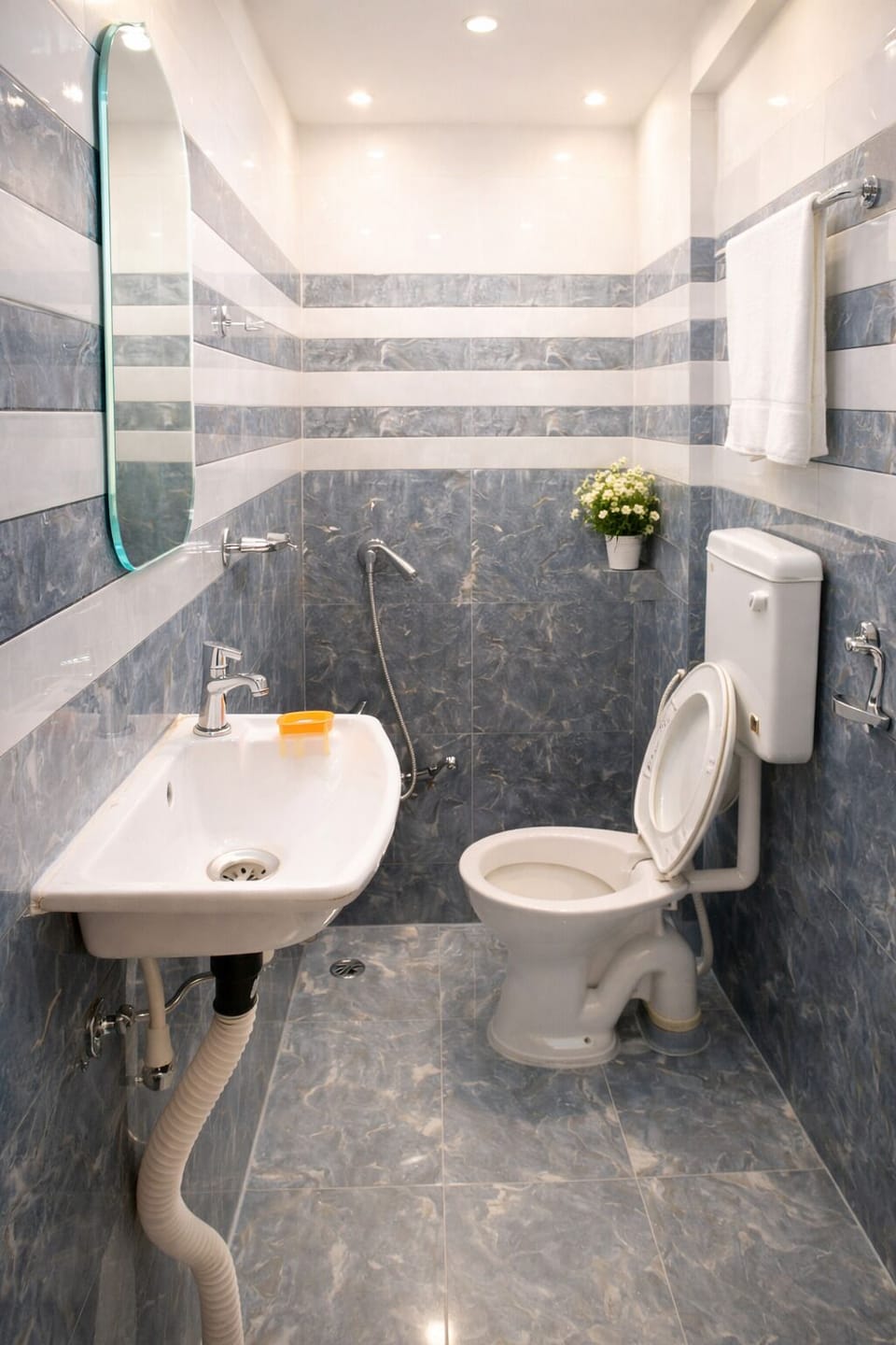 Shower, rainfall showerhead, slippers, bidet