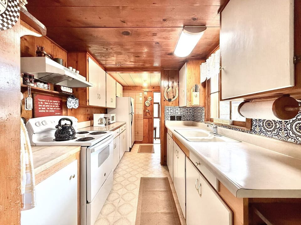 Galley kitchen with all the cooking essentials you'd need for cooking a meal with your family.