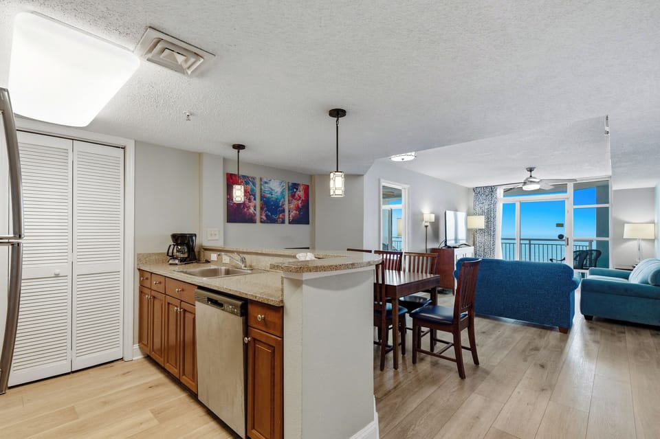Full kitchen and dining area