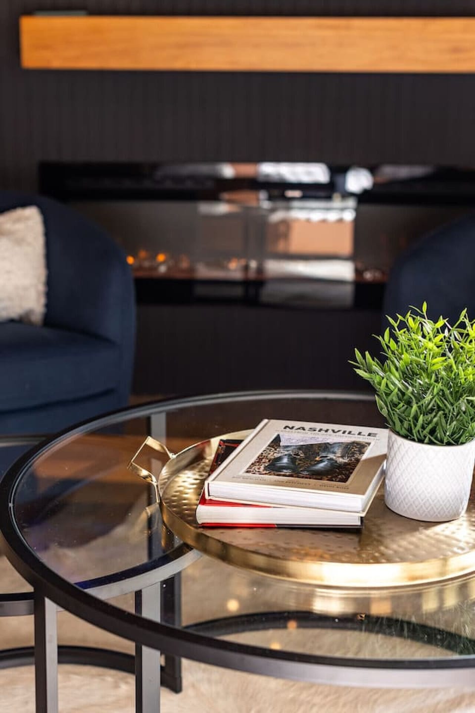Curated books and greenery add warmth to the stylish living area.