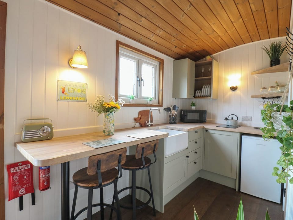 Fridge, microwave, toaster, cookware/dishes/utensils