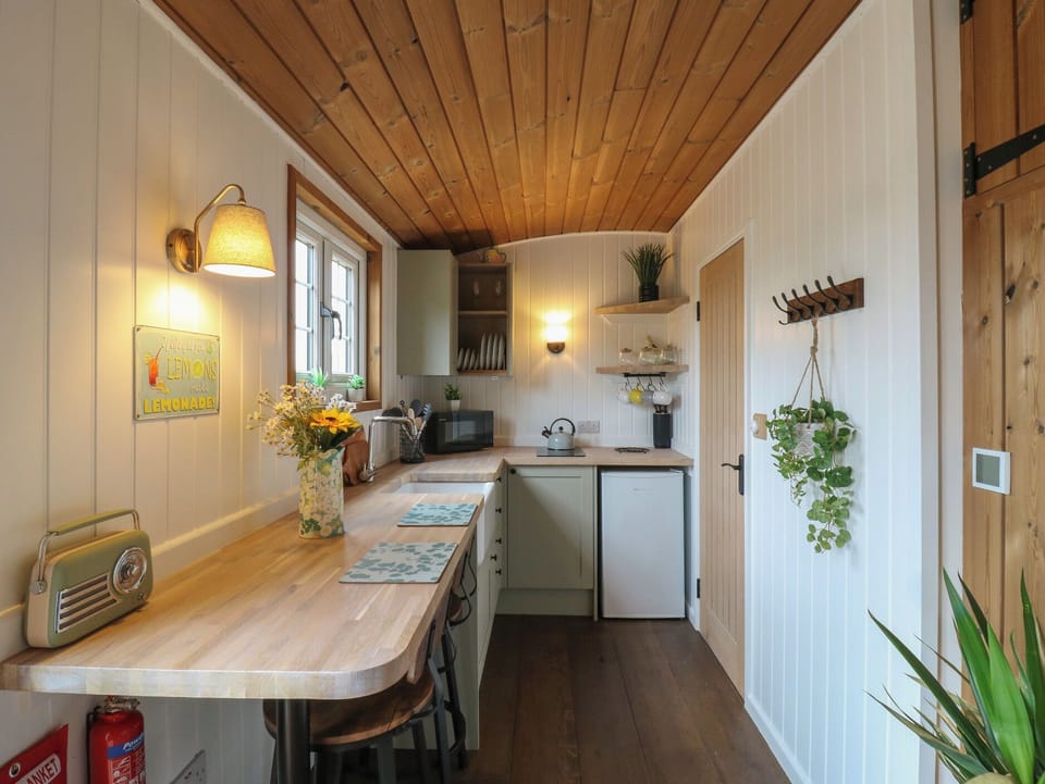 Fridge, microwave, toaster, cookware/dishes/utensils