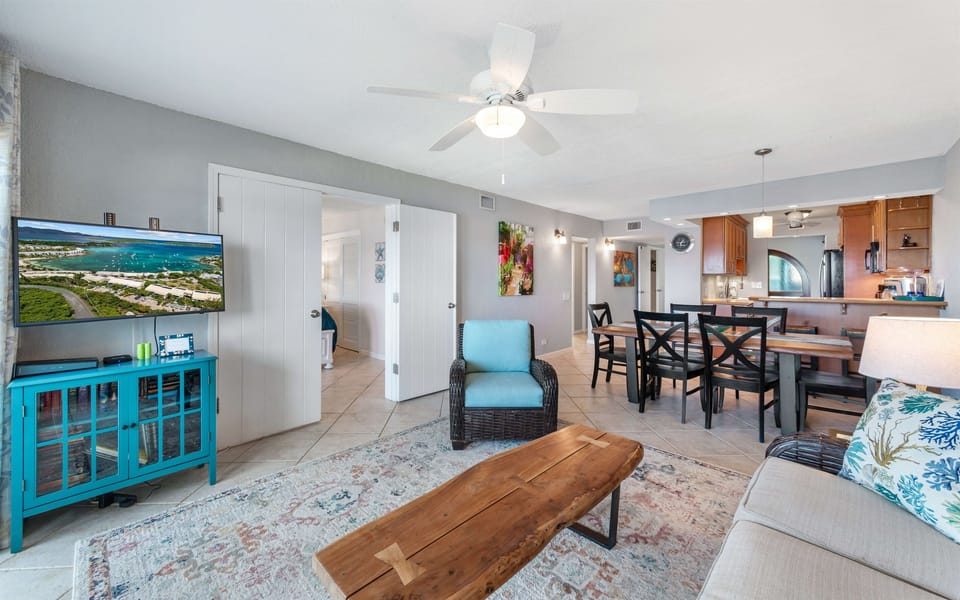 The dining area comfortably seats six and flows effortlessly into the living space.