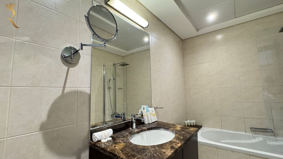A spacious bathroom with everything you need for a comfortable stay.