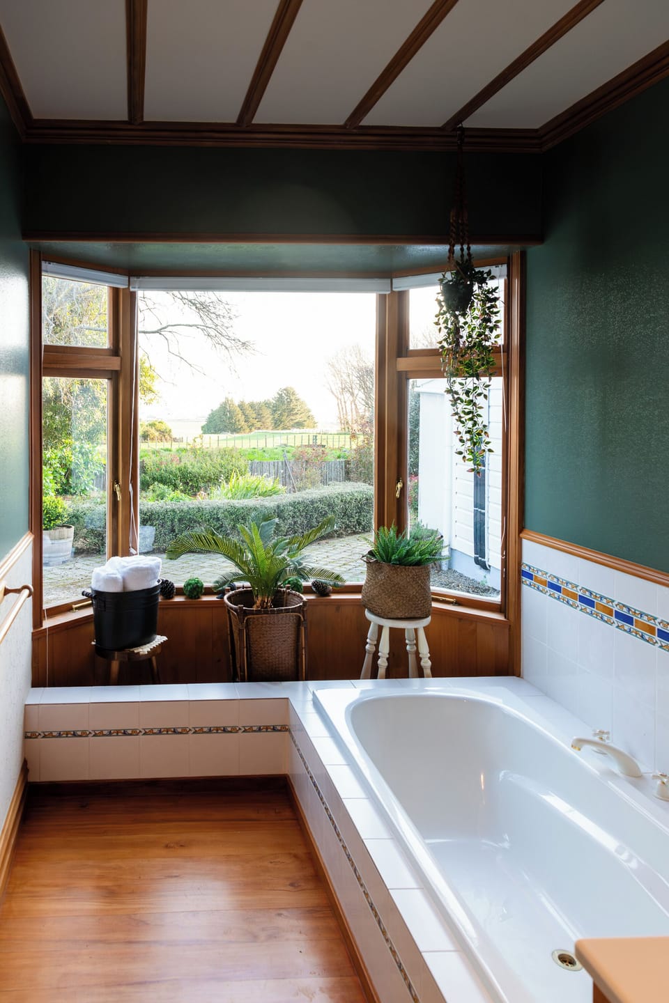 Bath with a farm view