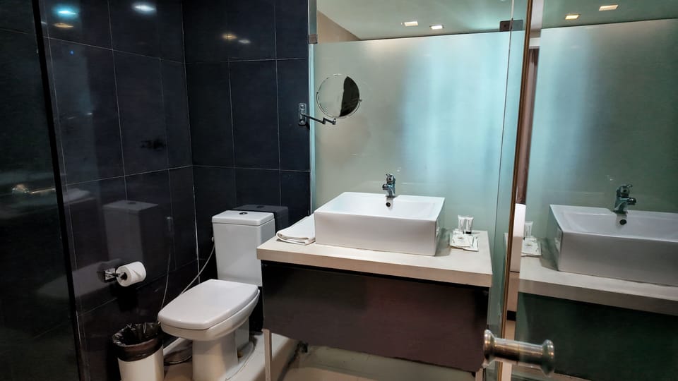 Shower, rainfall showerhead, designer toiletries, hair dryer
