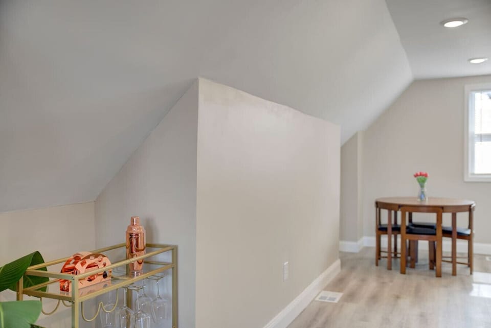 A cozy dining space offers the perfect spot for coffee, casual meals, or planning your Cleveland itinerary.