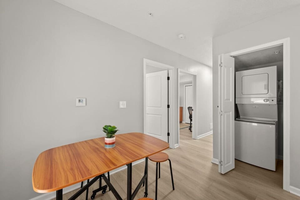 Dedicated workspace with desk and chair for business travelers or students.