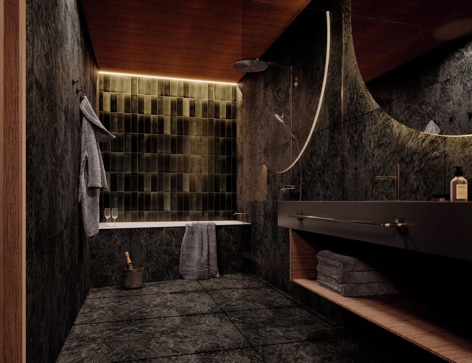 Signature Suite | Bathroom | Shower, hair dryer, slippers, towels