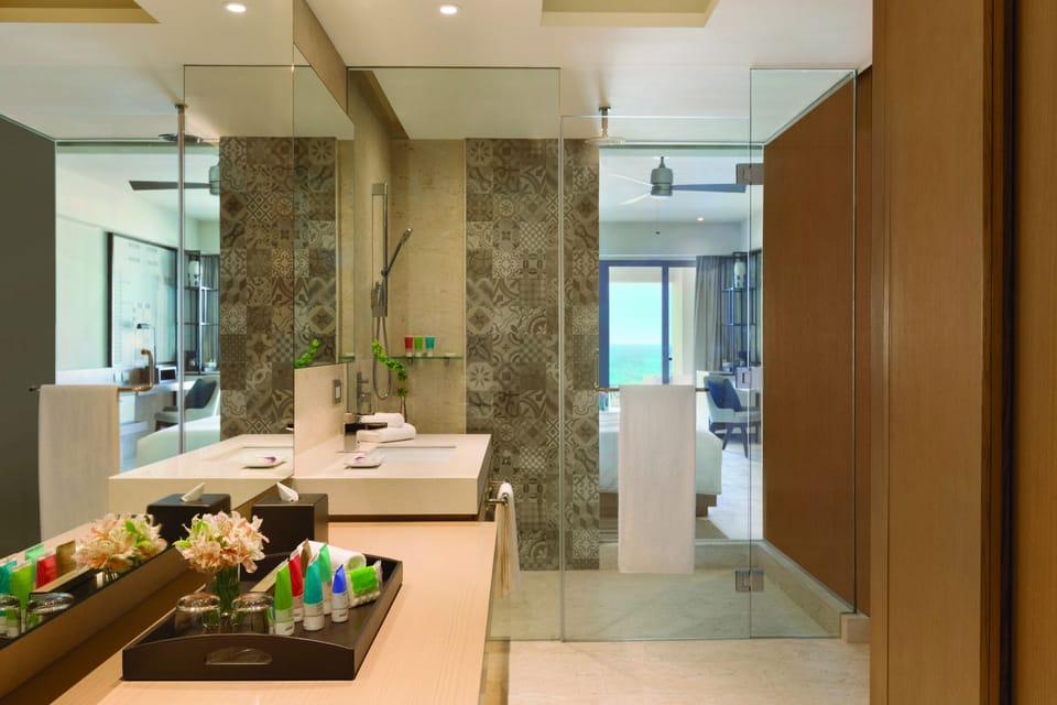 Shower, rainfall showerhead, eco-friendly toiletries, hair dryer