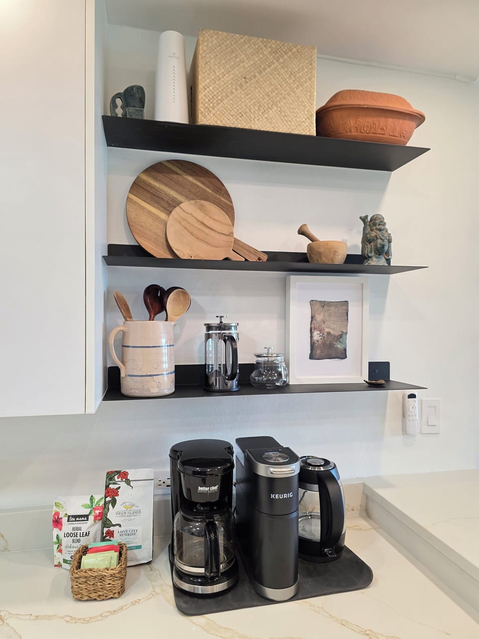 Fresh coffee, local teas, and that ocean view — your perfect start to the day.