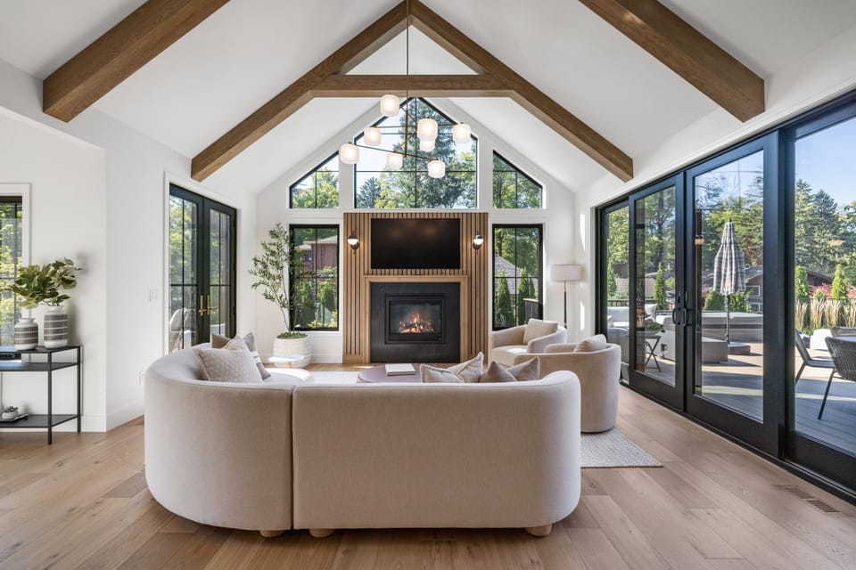 Designer touches and a cozy fireplace