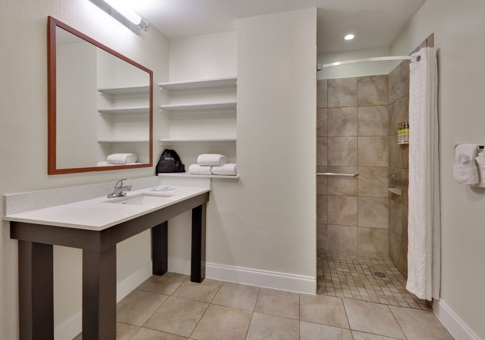 Studio Suite, 1 Queen Bed, Roll-in Shower (Mobility Roll-In Shower) | Bathroom | Combined shower/tub, free toiletries, hair dryer, towels
