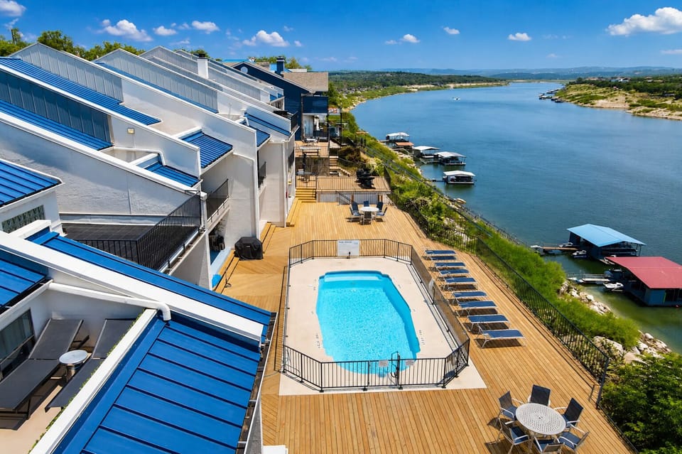 Relax in the pool and hot tub overlooking Lake Travis, open 24hrs. 
