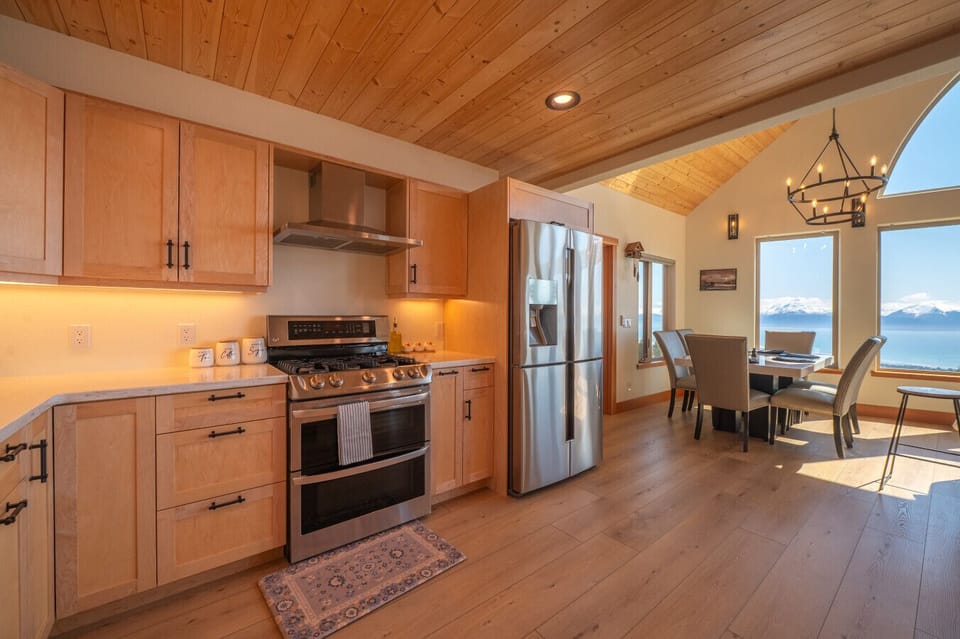 Fully equipped kitchen and dining area in one view