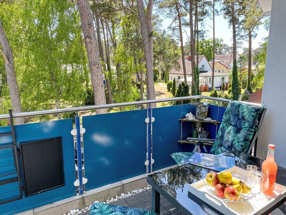 Blue, Outdoor Furniture, Chair, Balcony, Shade, Houseplant, Eco Hotel, Flowerpot
