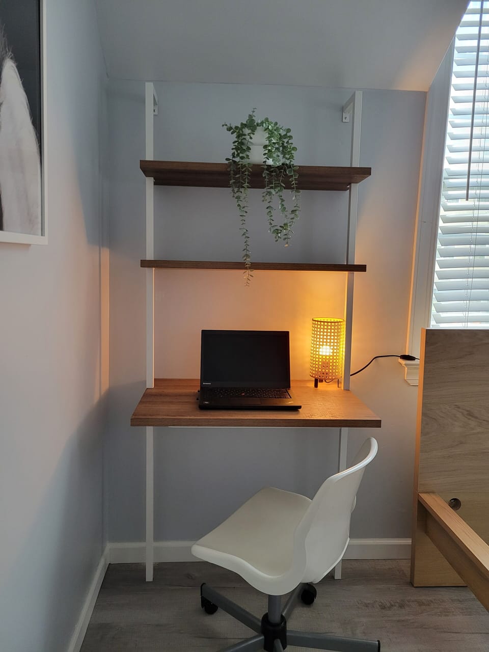 There is a workspace for your laptop or tablet. There's lots of natural lighting