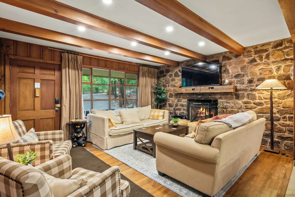Inviting living room with fireplace.
