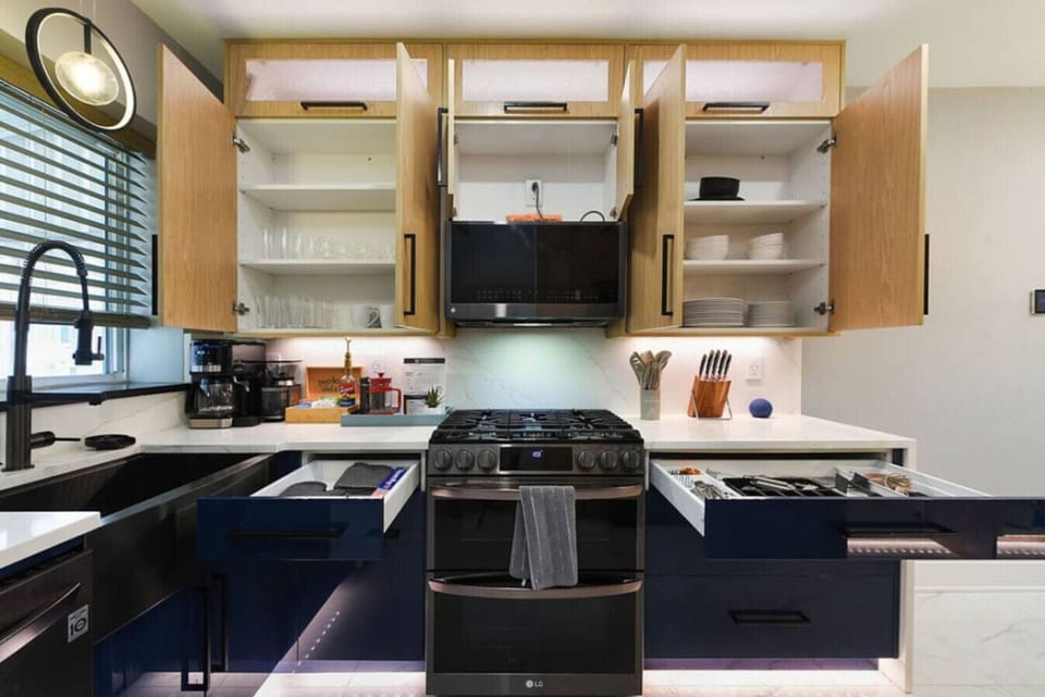 Our kitchen comes fully stocked with dishes and all your coffee essentials.