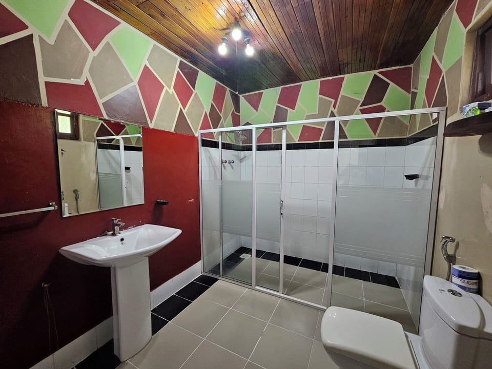 Shower, free toiletries, towels, soap