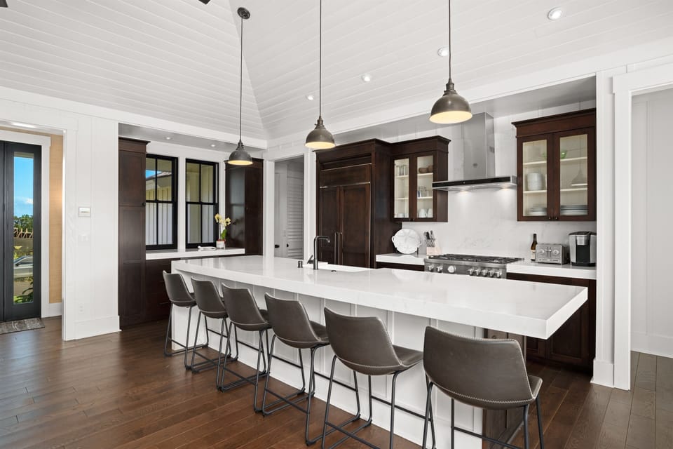 Island seating for six in open kitchen