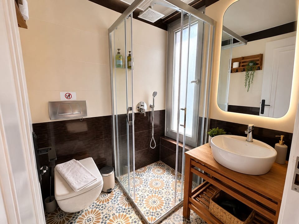Shower, hair dryer, slippers, bidet