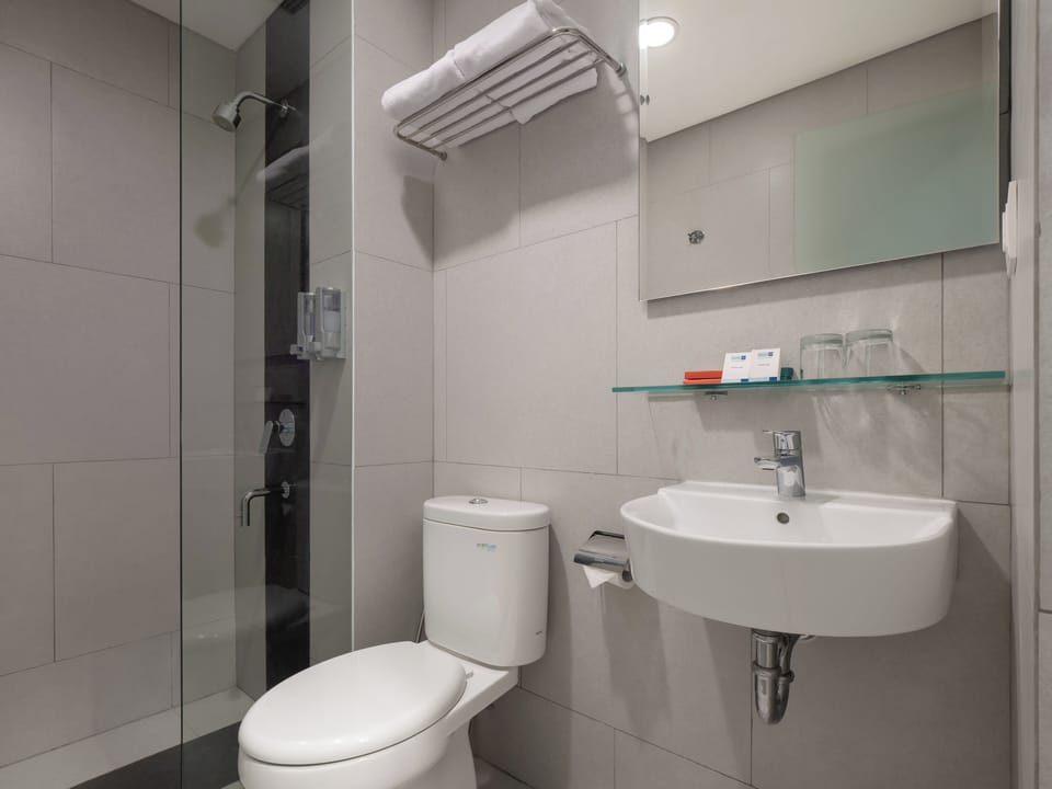 Shower, slippers, towels, soap