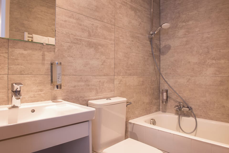 Combined shower/tub, free toiletries, hair dryer, towels