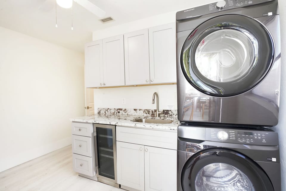 Complete laundry room lets guests pack lighter.