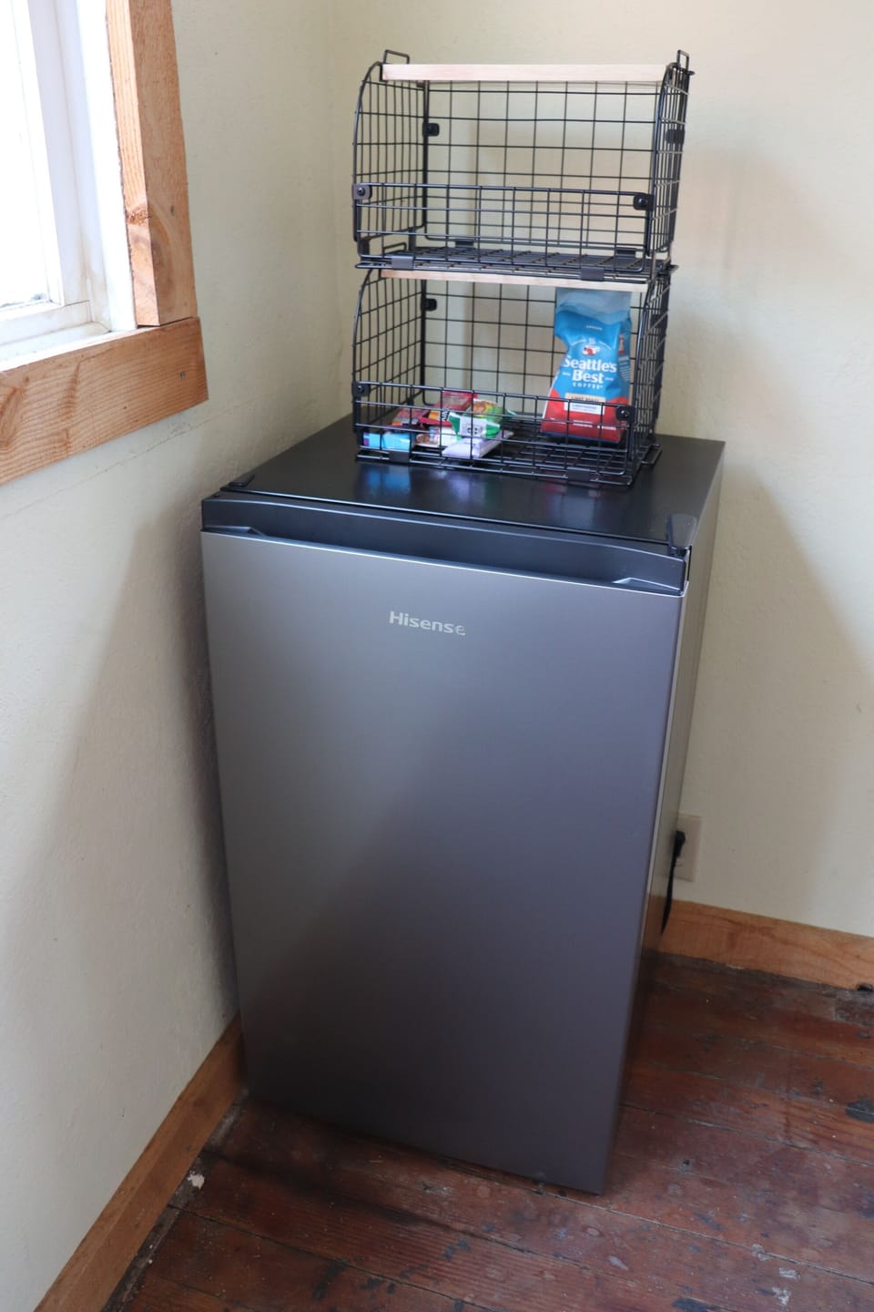 36" refrigerator and food storage on top.