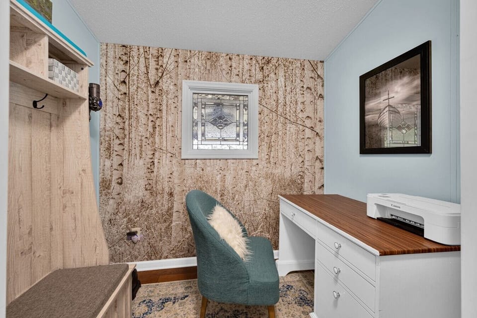 Workspace | Birch Tree Accent Wall | Canon Printer & Mudroom Access