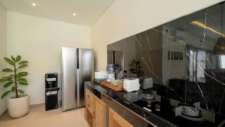 Villa, Pool View | Private kitchen | Fridge, microwave, stovetop, highchair