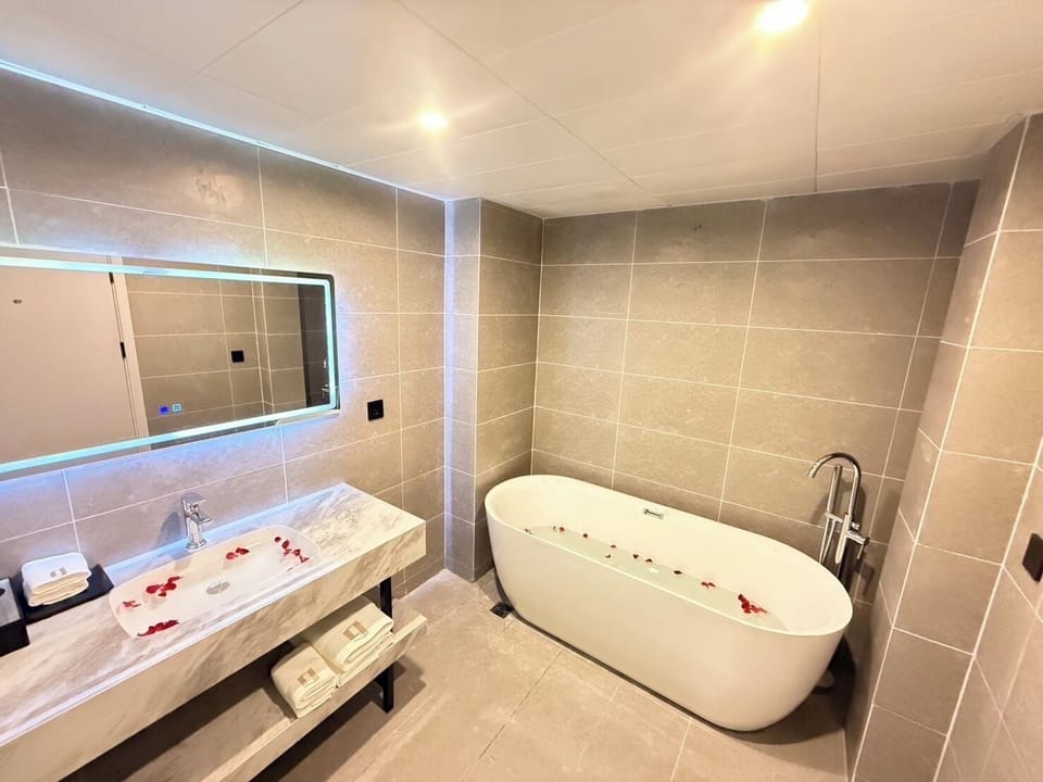 Premium Suite | Bathroom | Combined shower/tub, hair dryer, towels, soap